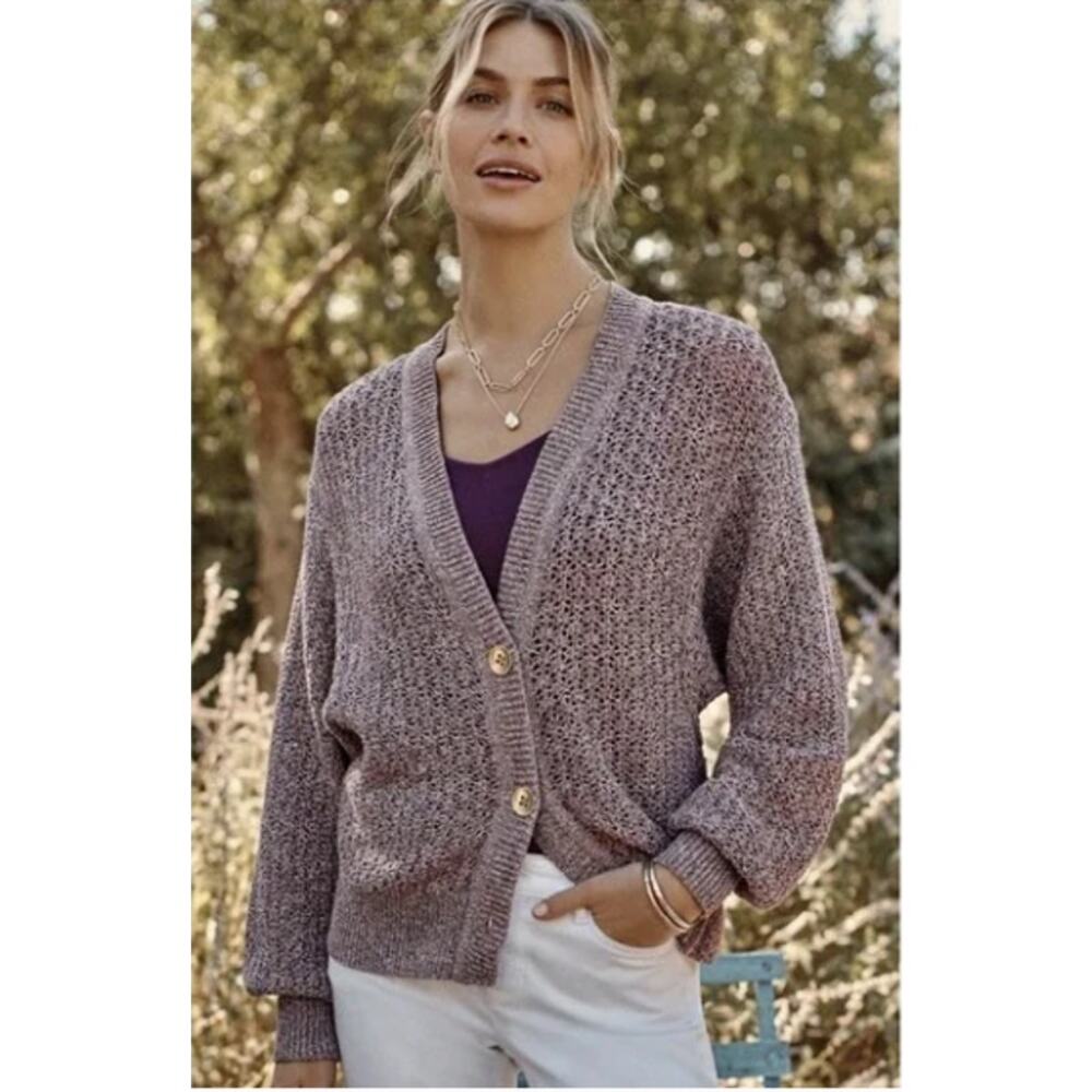 J. Jill Cotton Cardigan Speckled Mixed Shade Open Knit Pink Green Gold Button XL